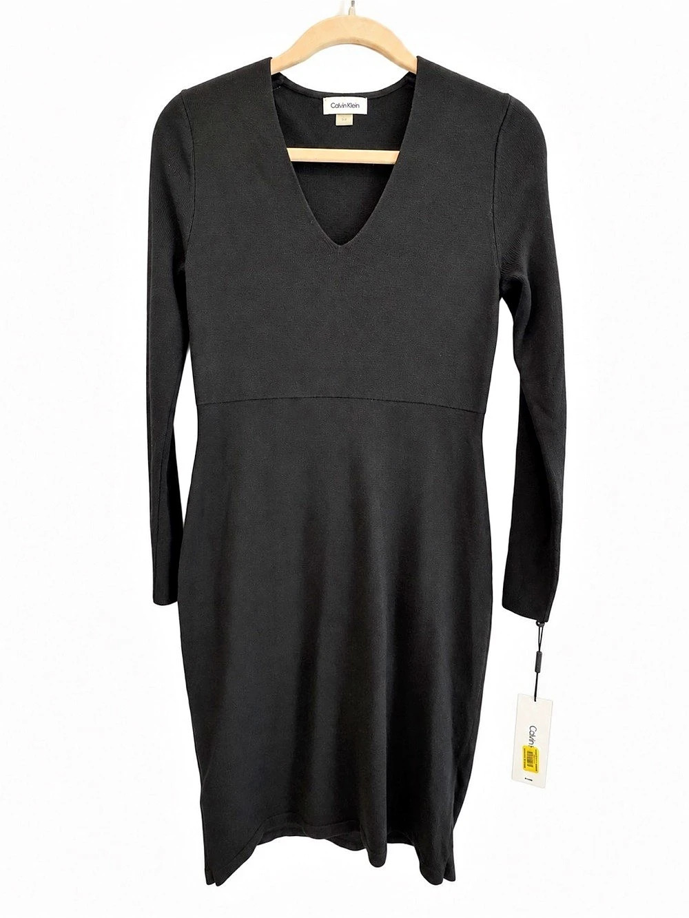 Calvin Klein Black Sweater Dress Gold Button V Neck NWT S - Picture 3 of 15